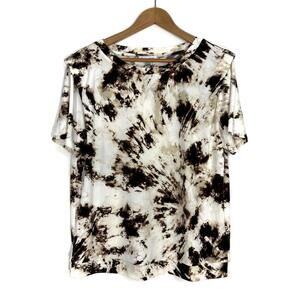 Calvin Klein Women’s Size Large Brown Printed Short Sleeve Stretch Blouse Top